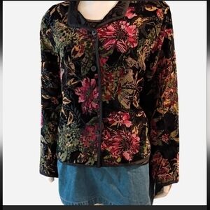 Vintage Handmade Black And Multicolored Floral Reversible Tapestry Jacket Sz L